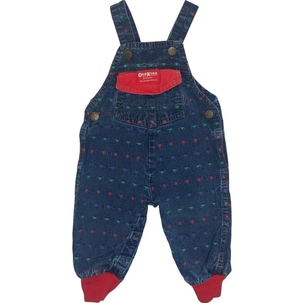 Vintage OshKosh B’gosh Made in USA Infant Overalls Geometric Shapes Sz 6-9mo